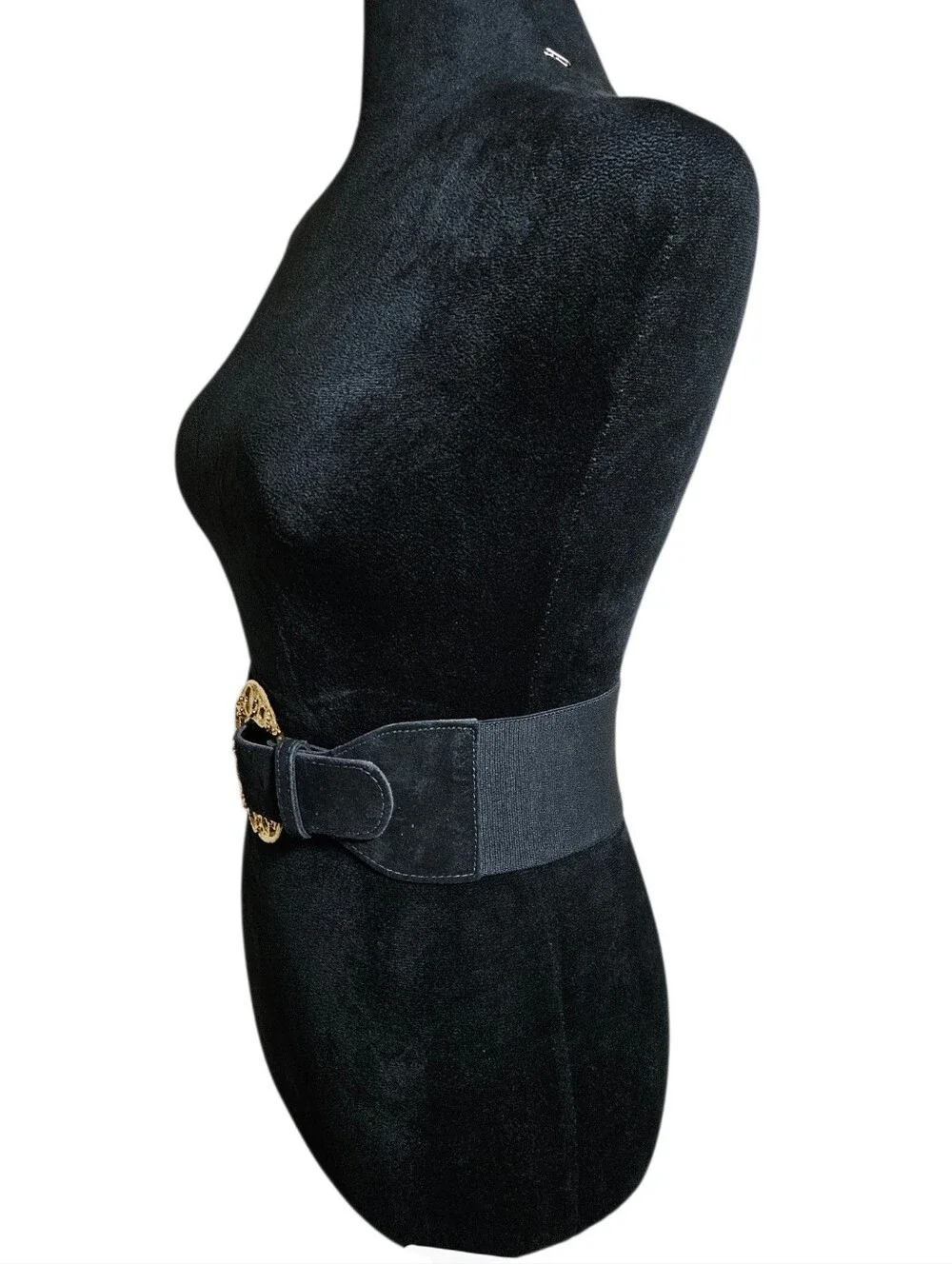 Vintage Prestige 80's Black/ Gold Suede Leather Wide Stretch Statement Belt O/S